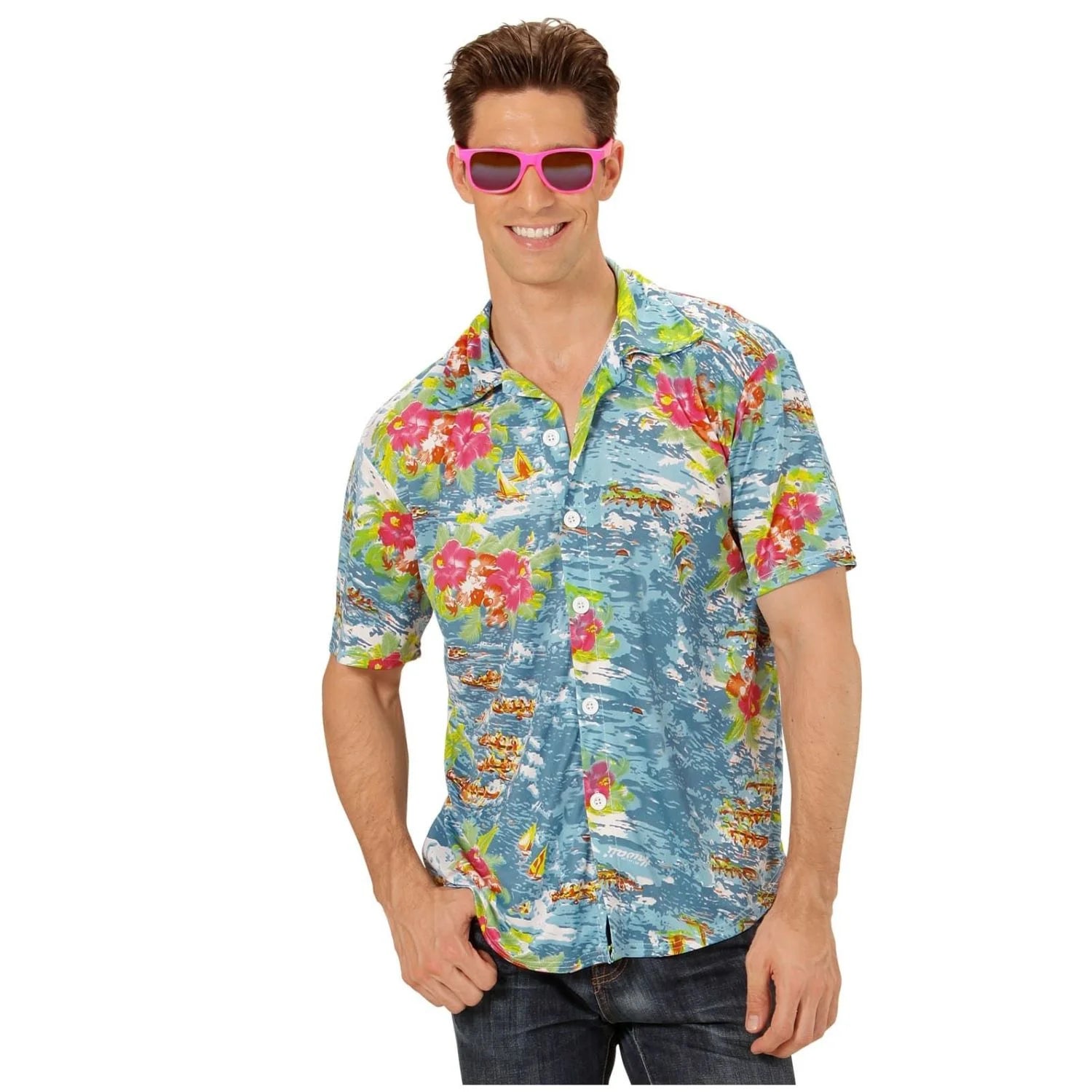 Camisa hawaiana fondo azul para adulto con estampado tropical