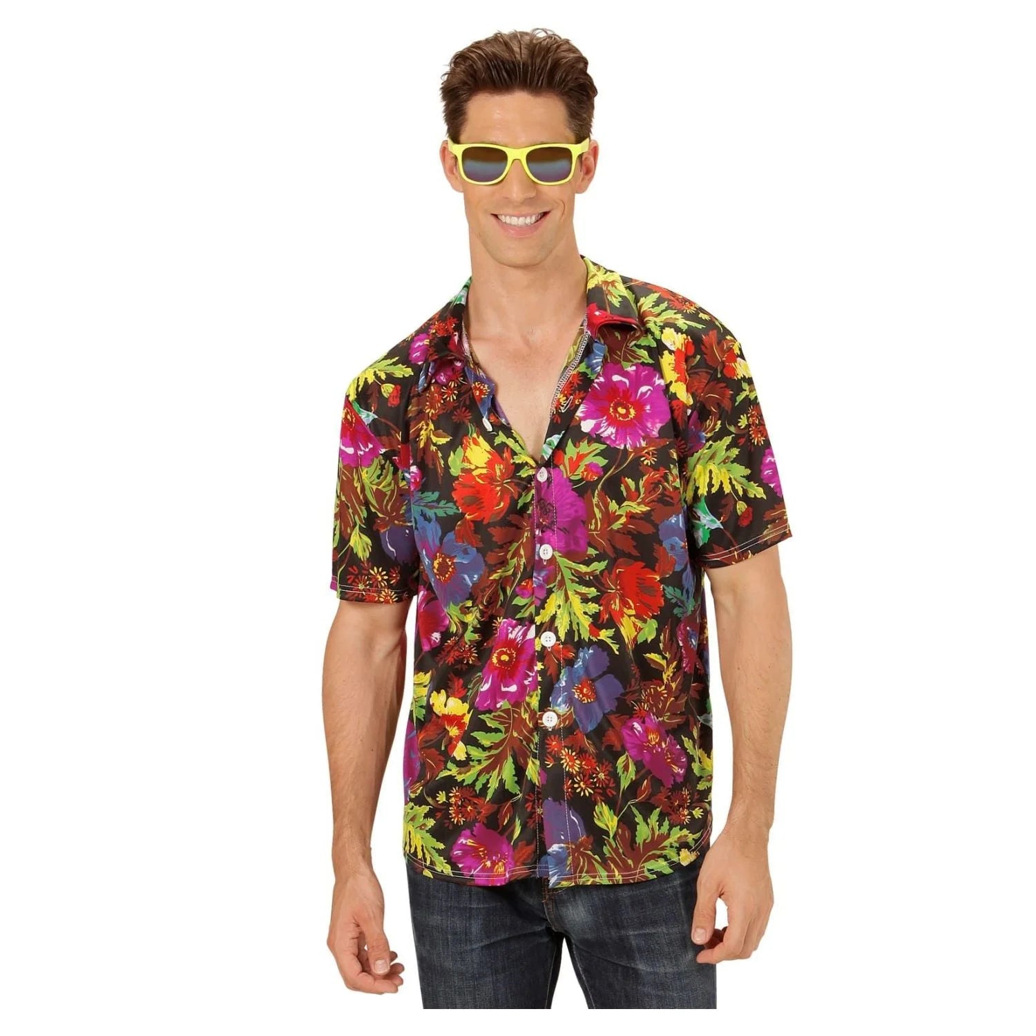 Camisa hawaiana fondo negro para adulto con estampado tropical