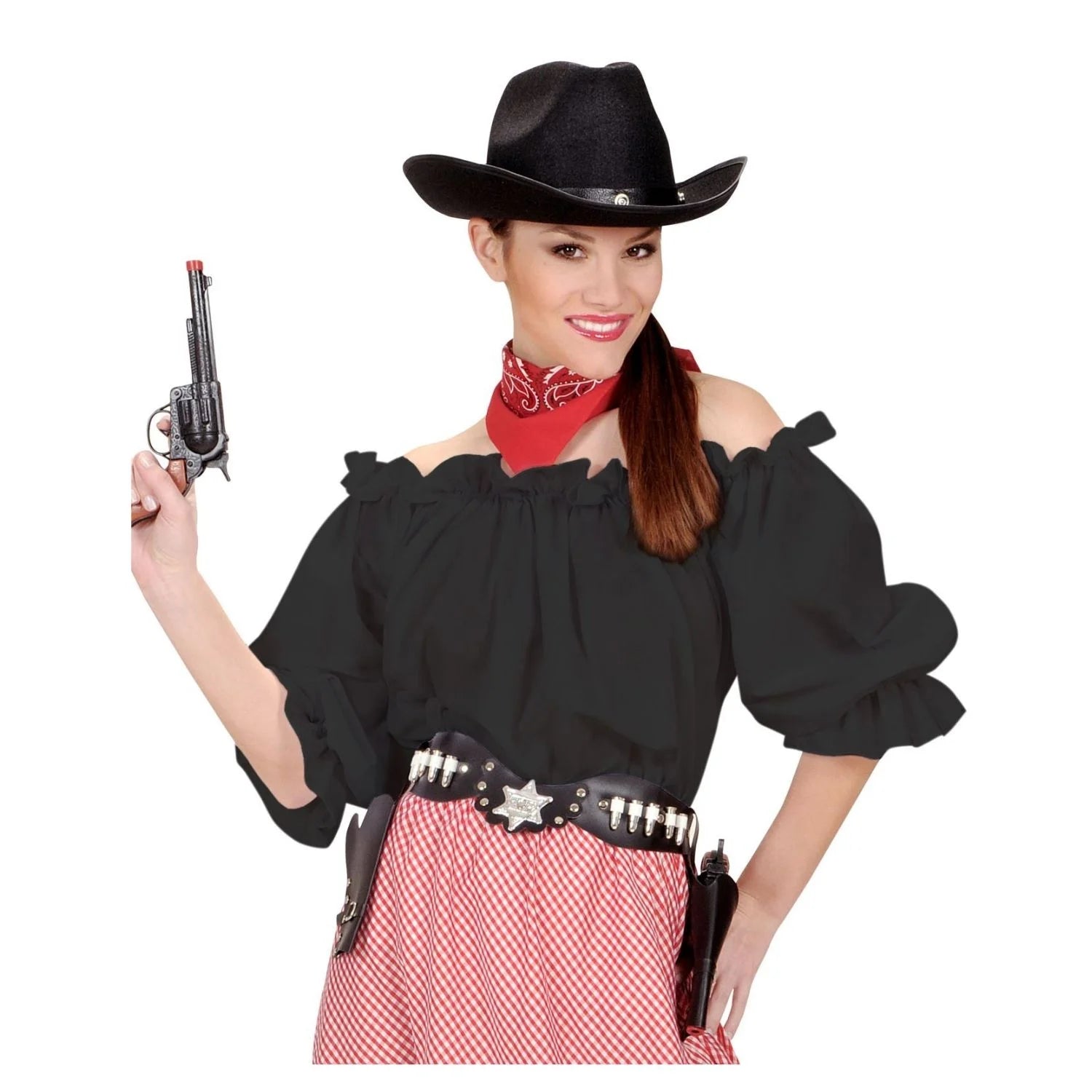 Camisa negra de pirata para mujer con hombros descubiertos y estilo medieval