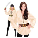 Camisa de pirata beige para mujer con volantes frontales y mangas amplias de estilo medieval