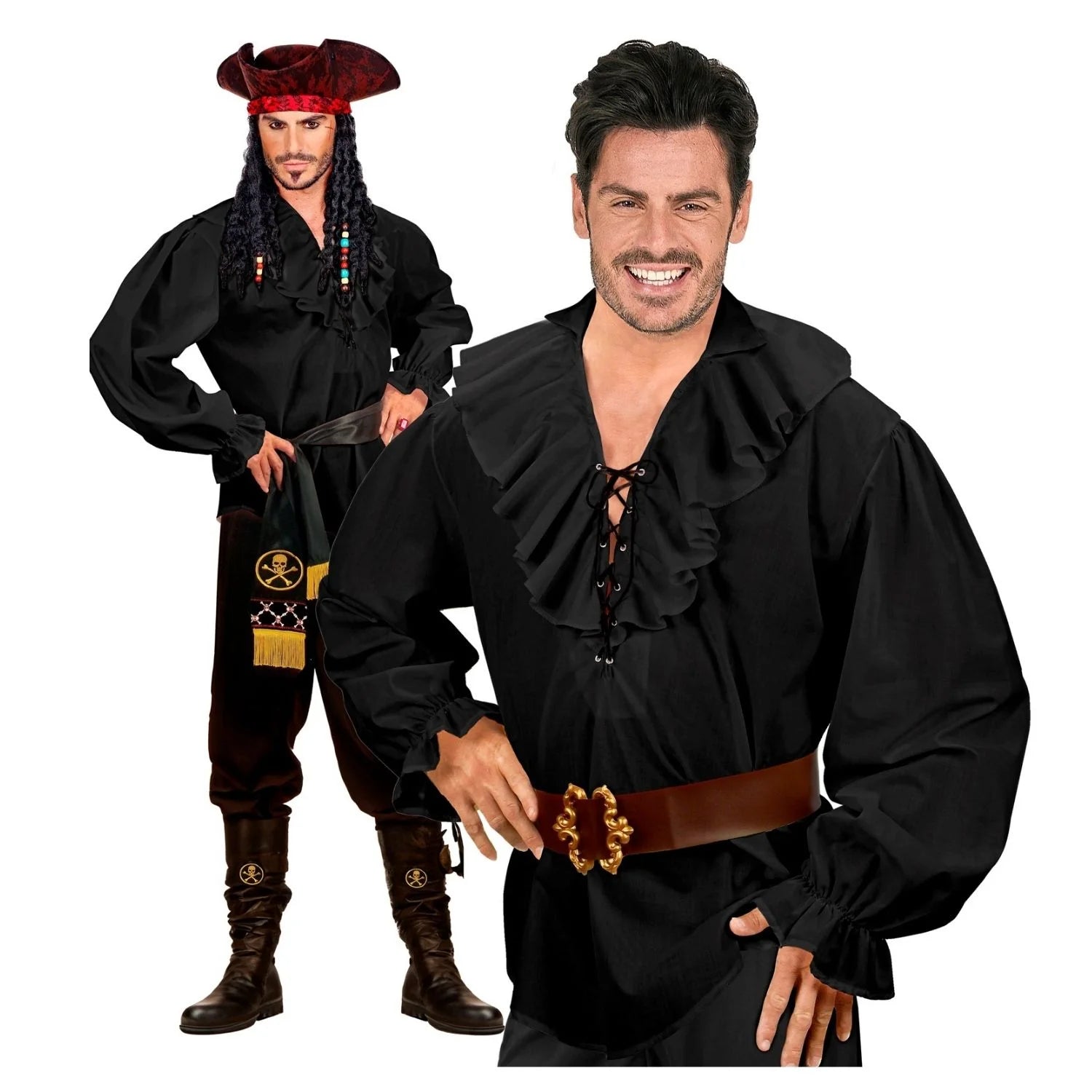 Camisa pirata negra para adulto ideal para disfraces de época