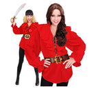 Camisa de pirata roja para mujer con volantes frontales y mangas amplias de estilo corsaria