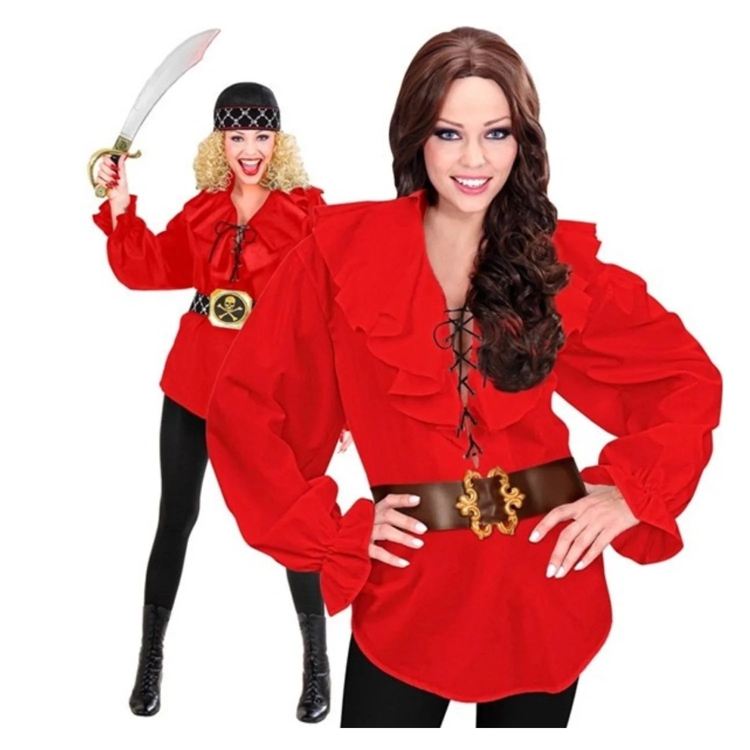 Camisa de pirata roja para mujer con volantes frontales y mangas amplias de estilo corsaria