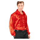 Camisa de raso roja para adulto con elegantes chorreras de estilo pirata y época