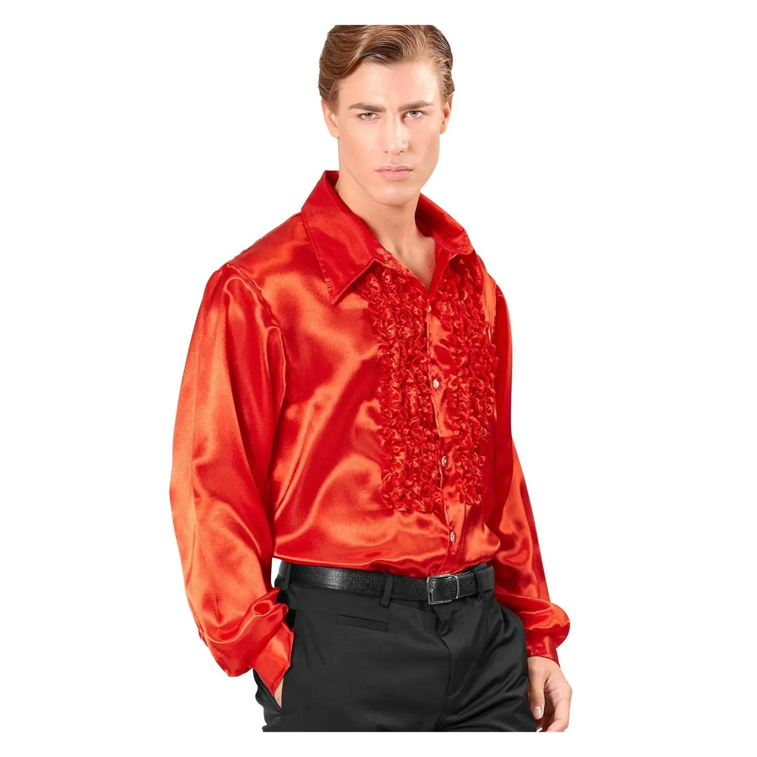 Camisa de raso roja para adulto con elegantes chorreras de estilo pirata y época