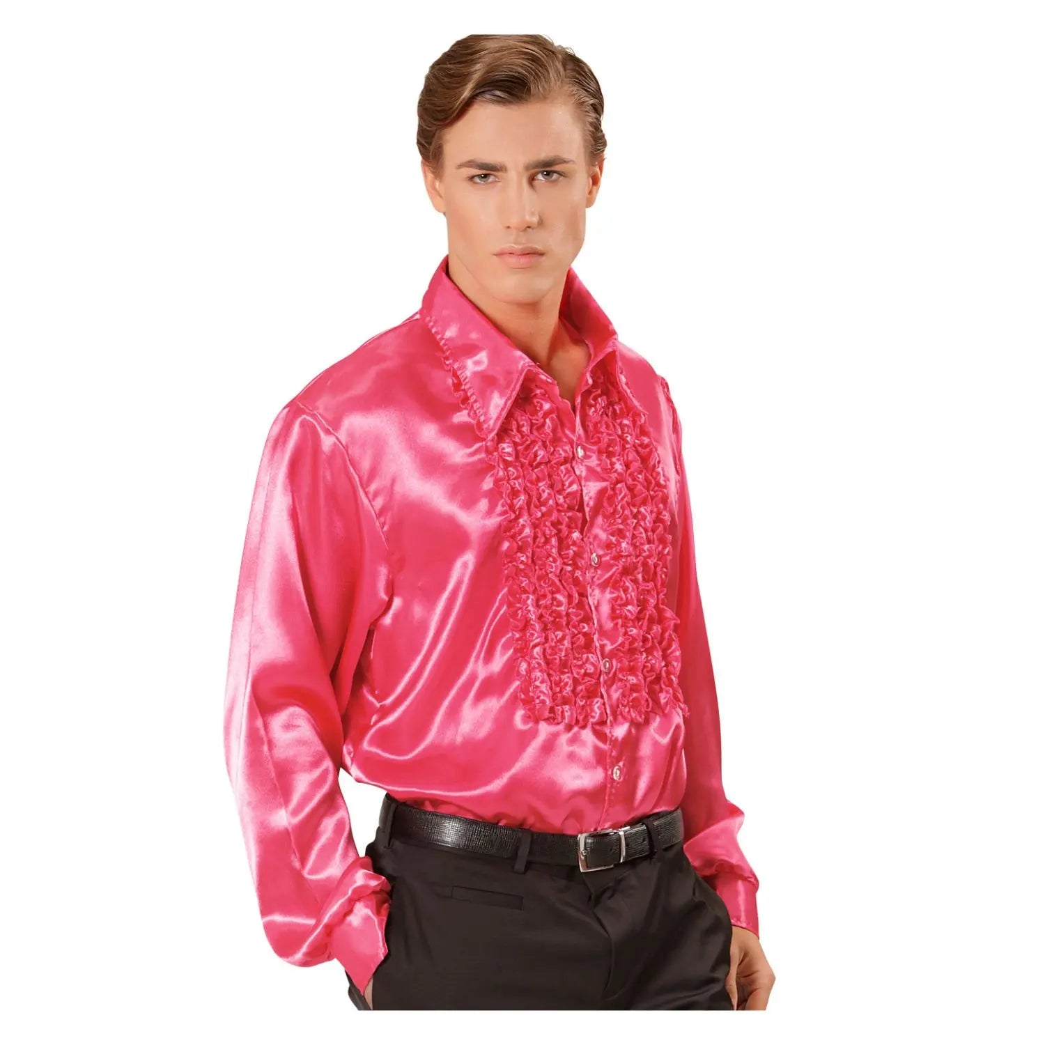 Camisa de raso con chorreras color fucsia para adulto