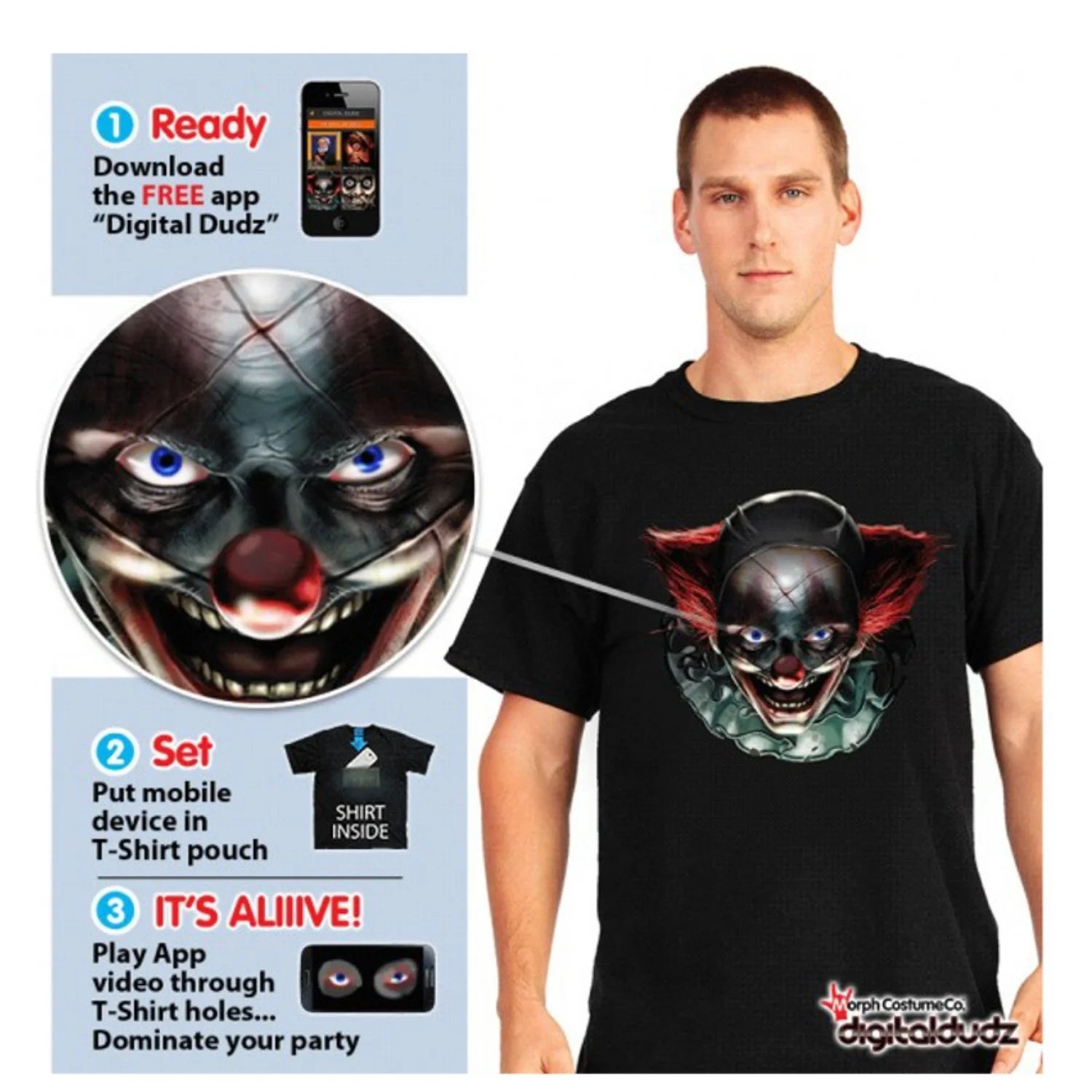 Camiseta payaso diabólico Morphsuit adulto con ojos en movimiento