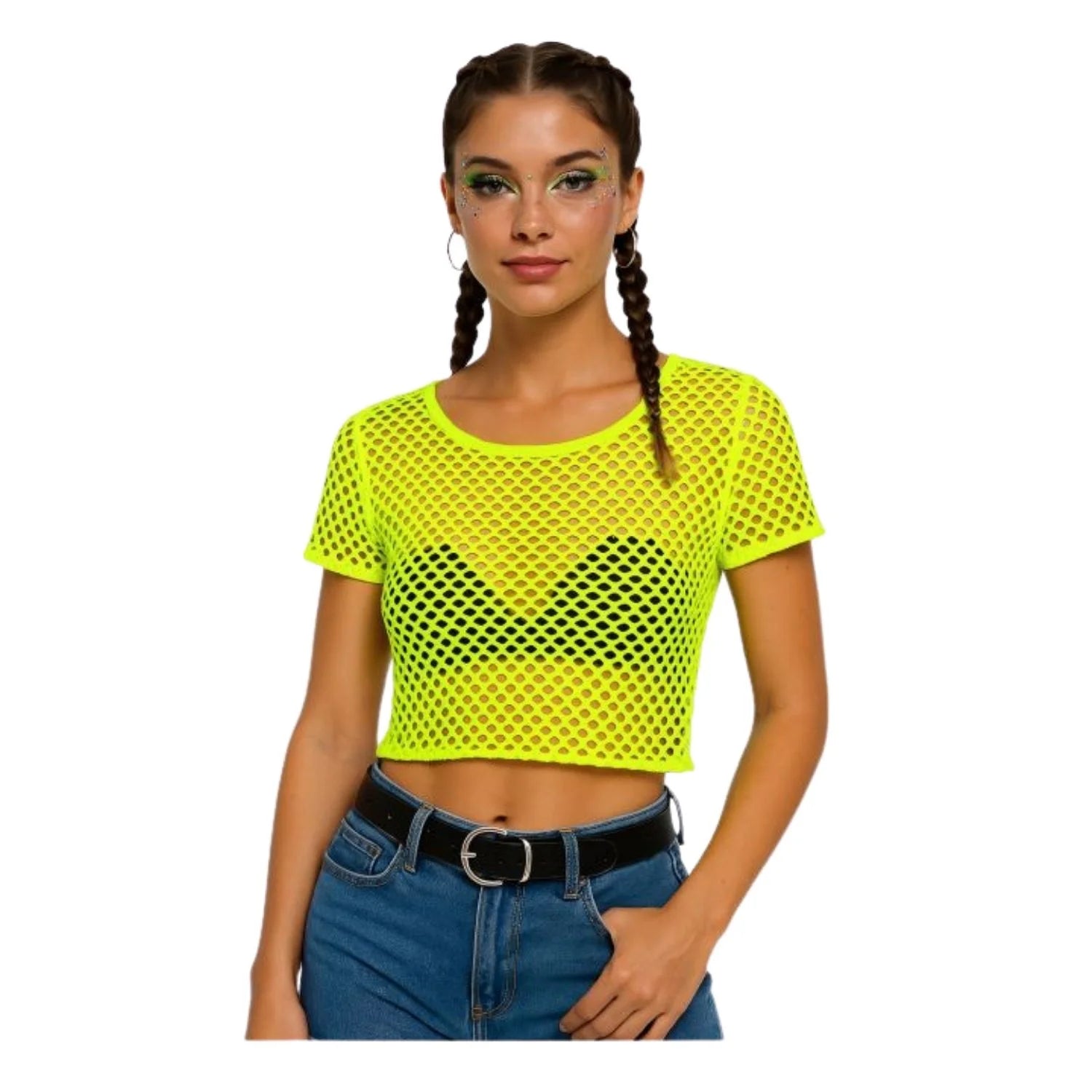 camiseta de red amarillo neón complemento para look festival rave moderno