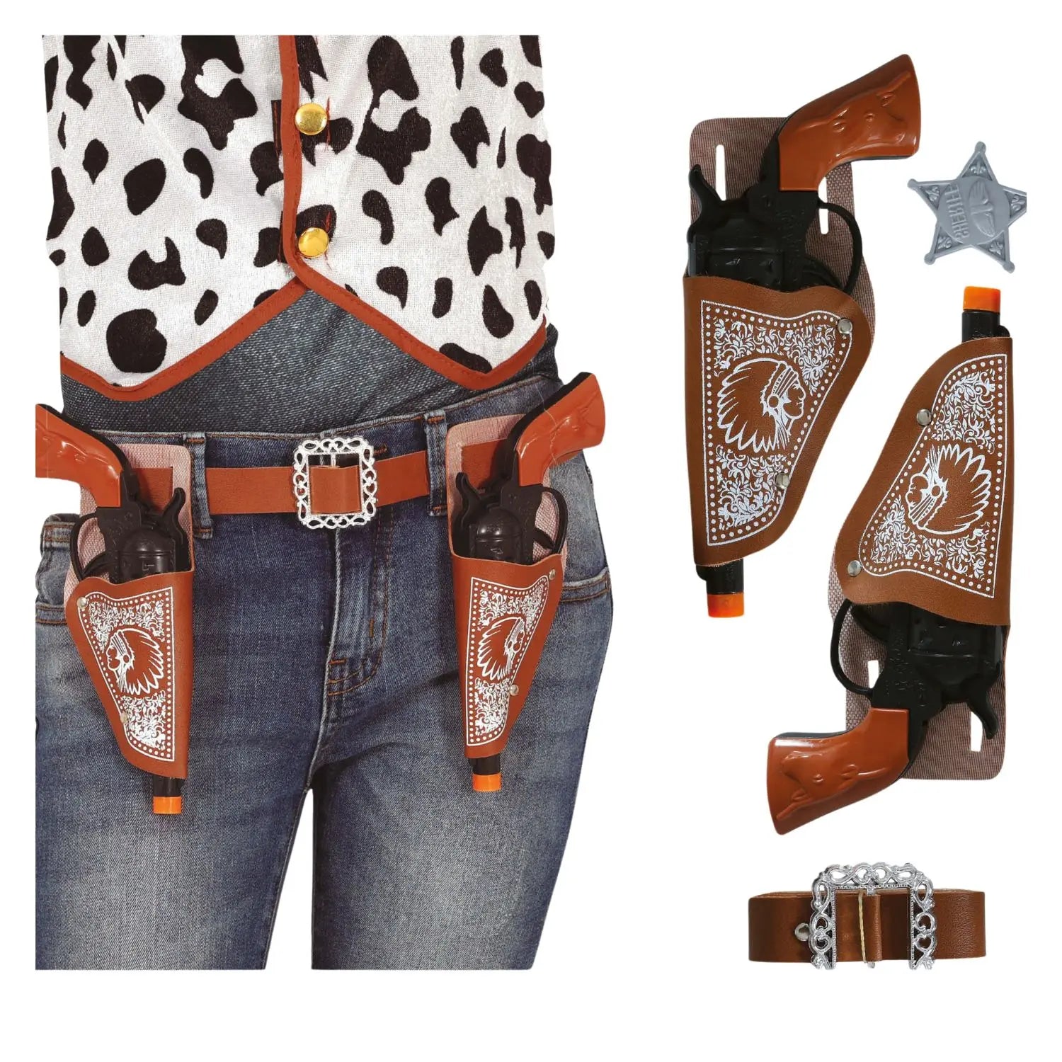 Cartucheras infantiles con cinturón, dos pistolas de juguete de 20 cm e insignia de sheriff