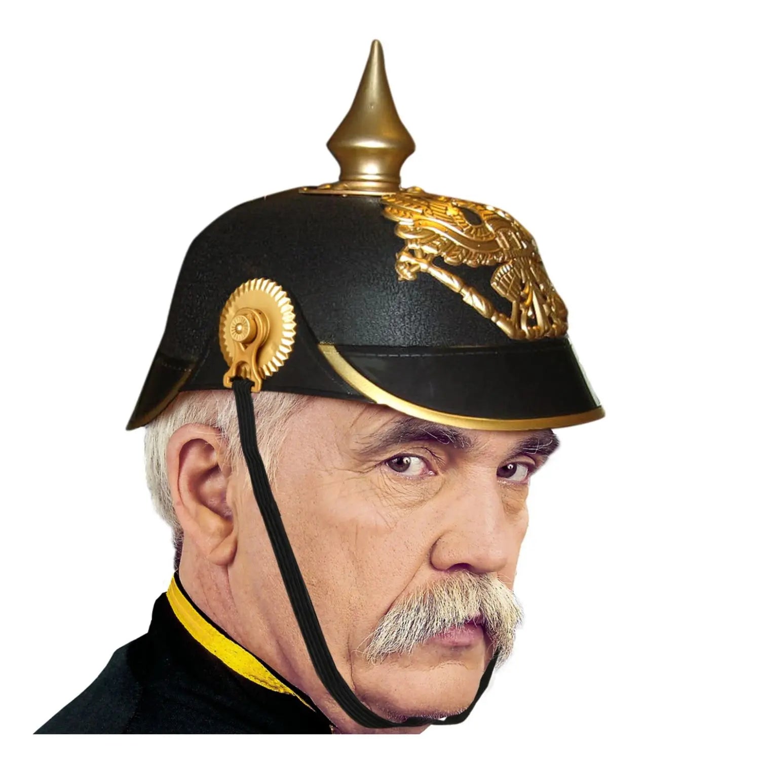 Casco alemán Pickelhaube de plástico duro con águila frontal y pincho dorado para disfraz militar