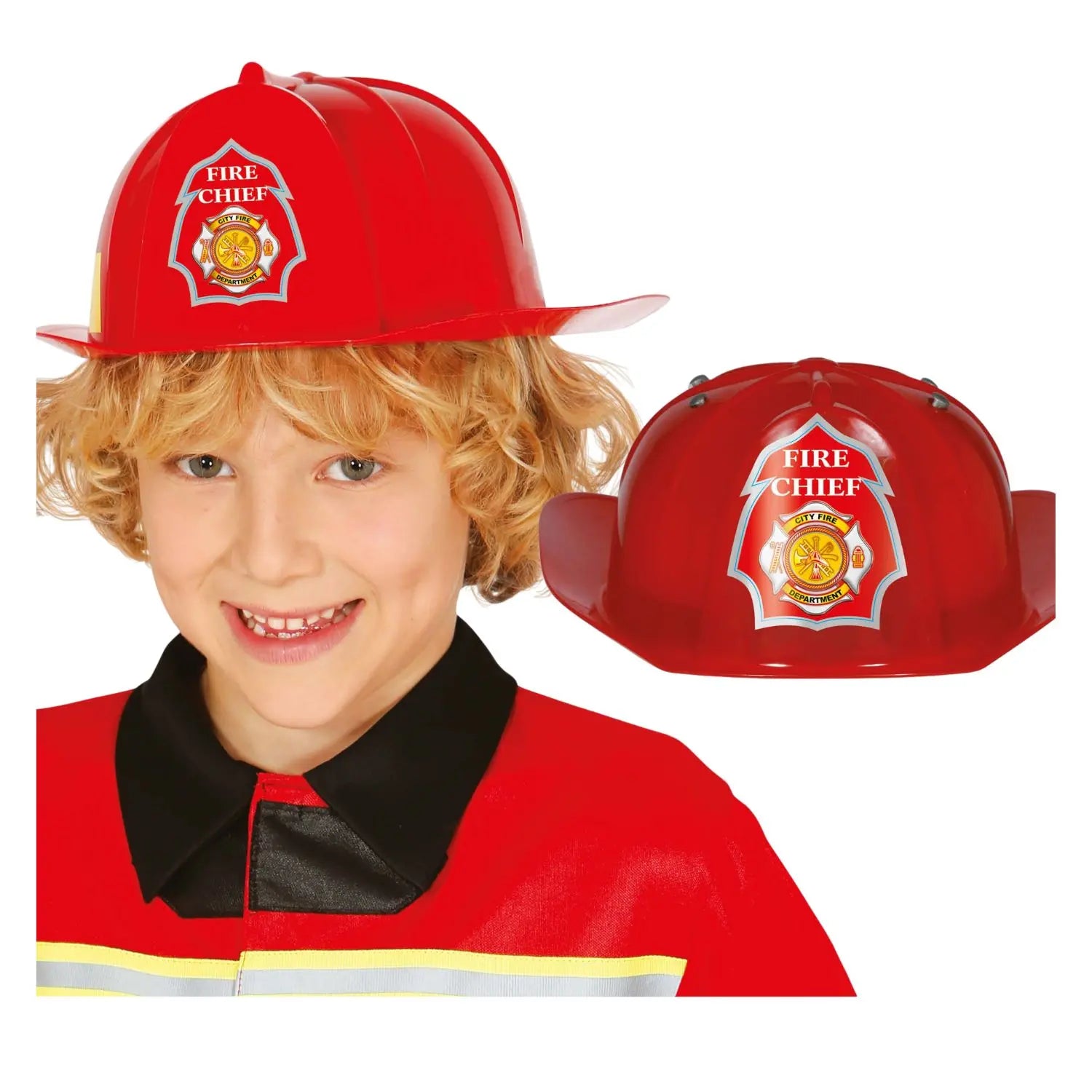 Casco de bombero infantil rojo de plástico con emblema frontal
