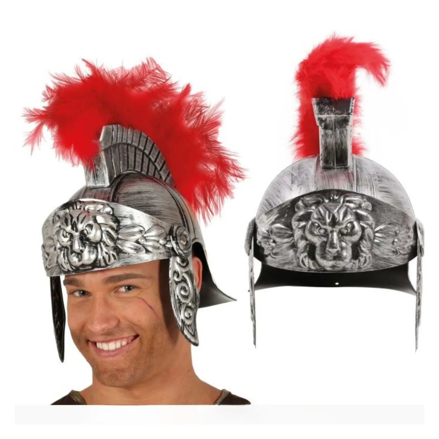 Casco romano plateado con pluma para accesorio de romano