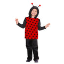 Niño con chaleco rojo de mariquita con lunares negros y capucha con antenas