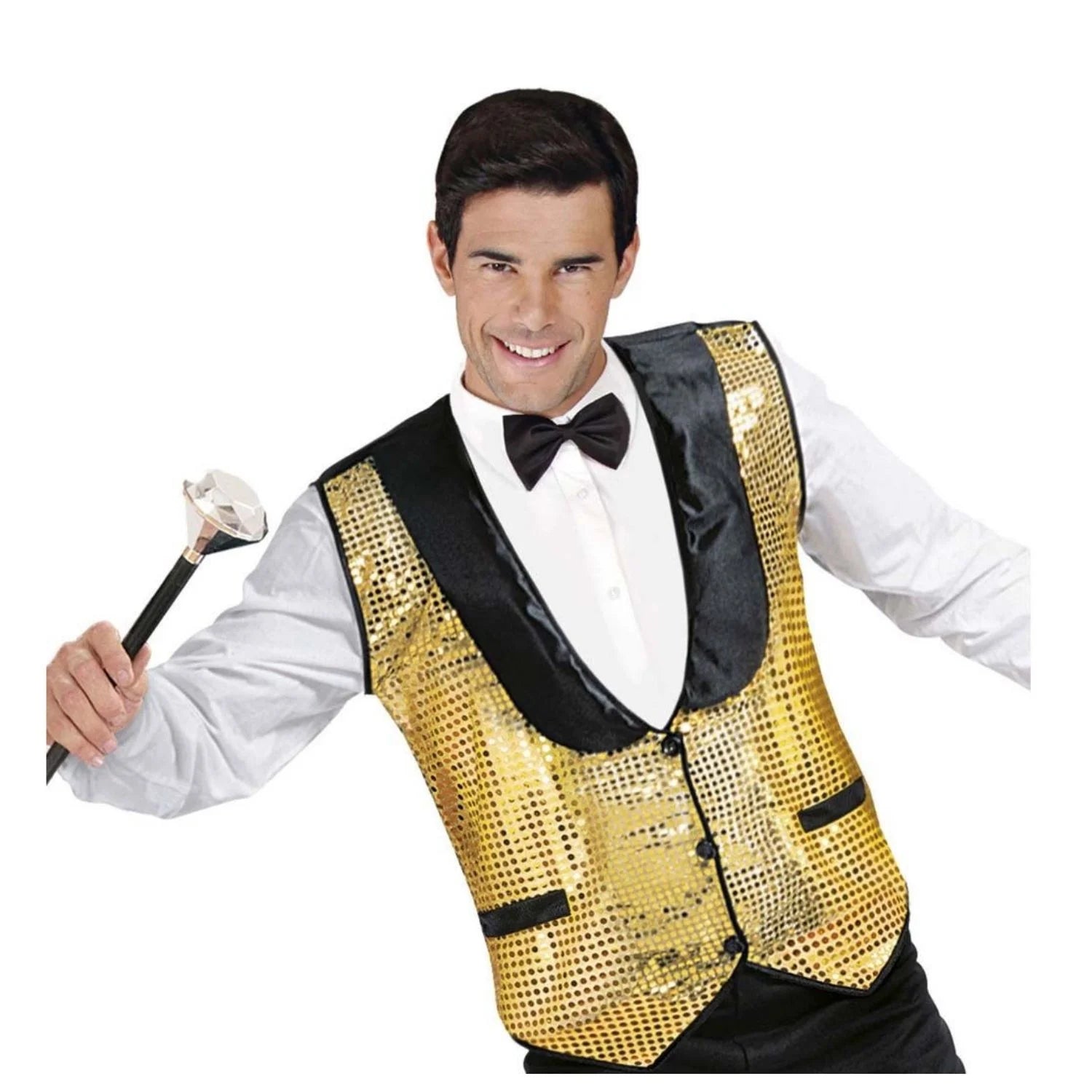Chaleco de lentejuelas dorado talla XL combinado con rasete negro