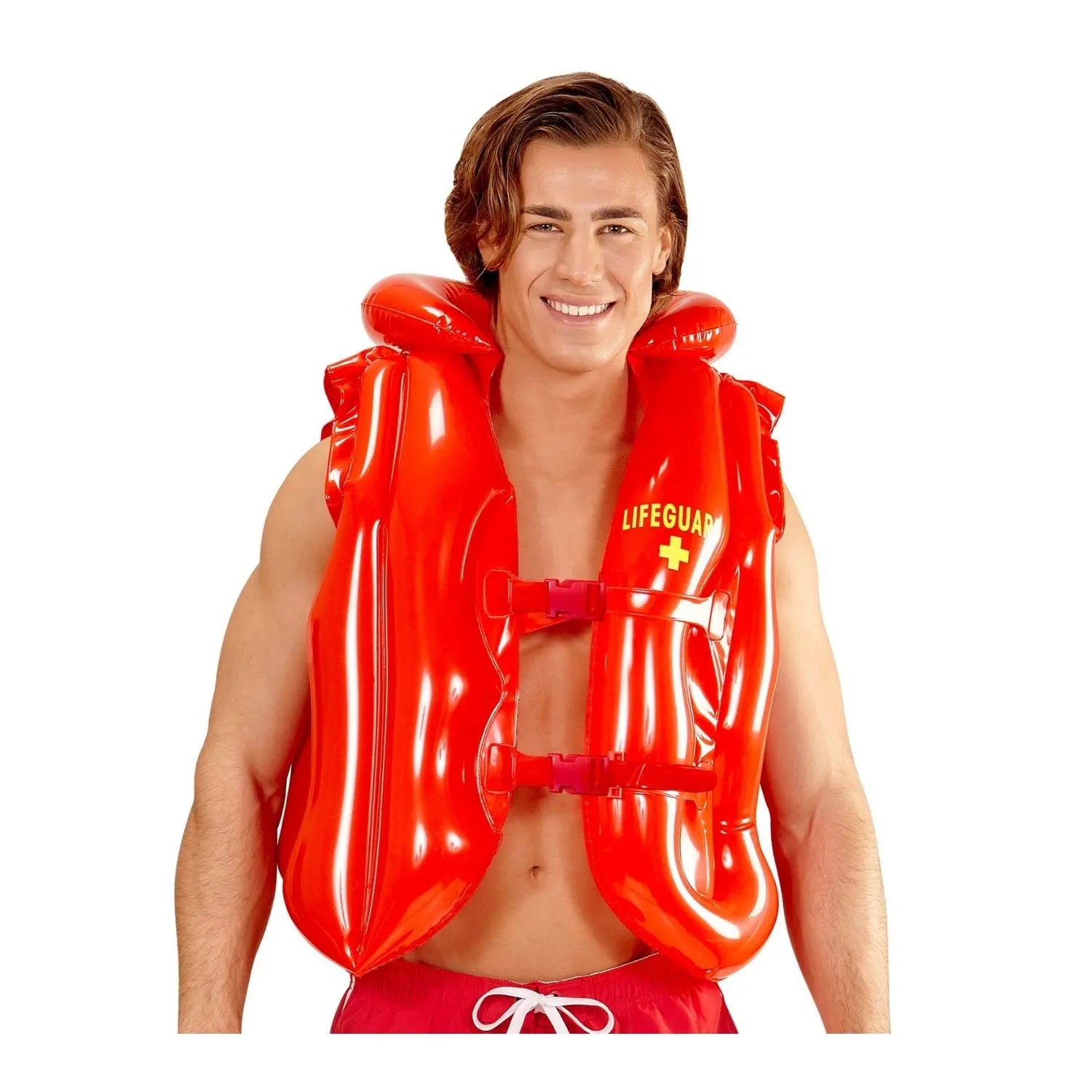 chaleco salvavidas hinchable rojo con texto lifeguard complemento para look de socorrista o fiesta de playa