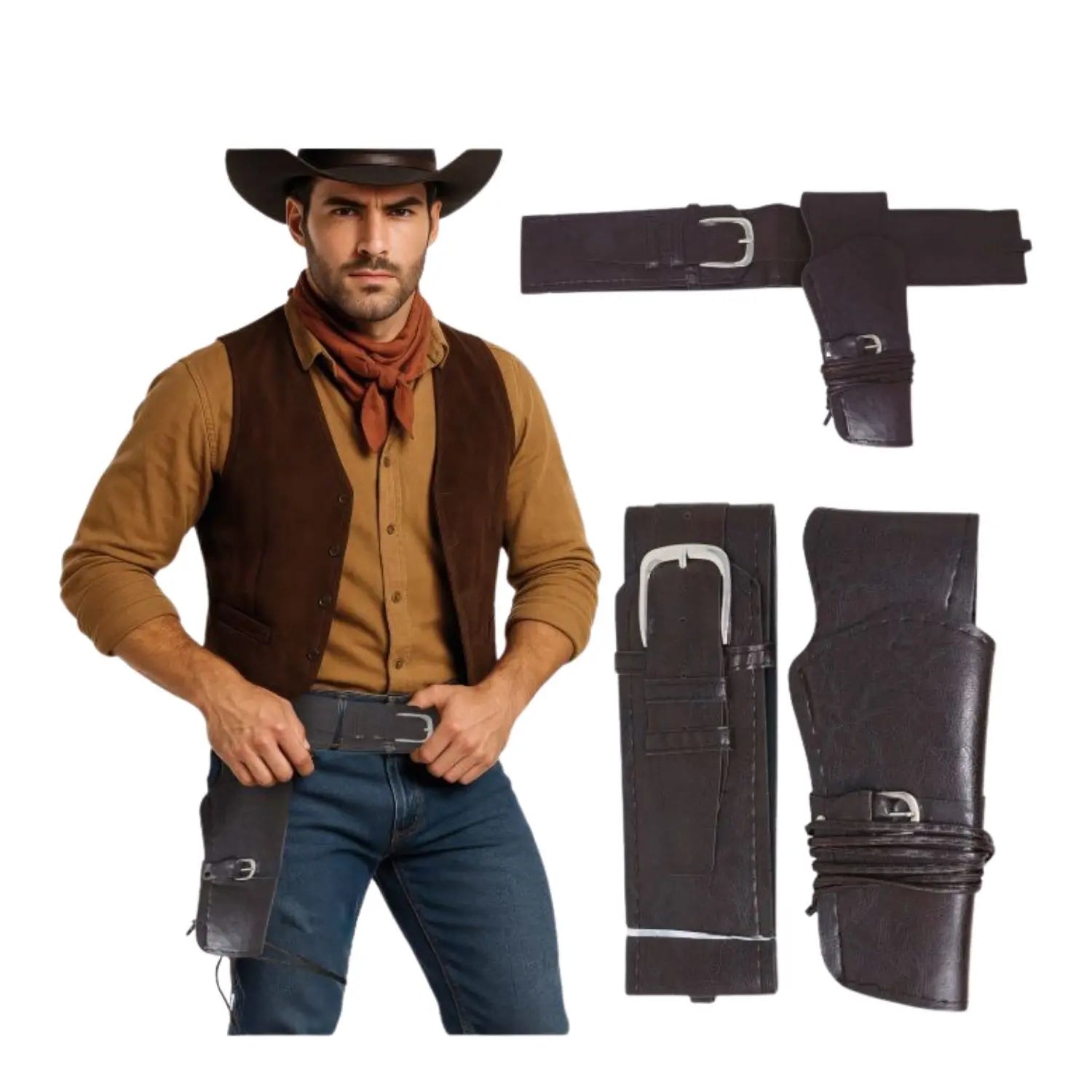 cinturón con cartuchera marrón complemento para look vaquero o temática western adulto