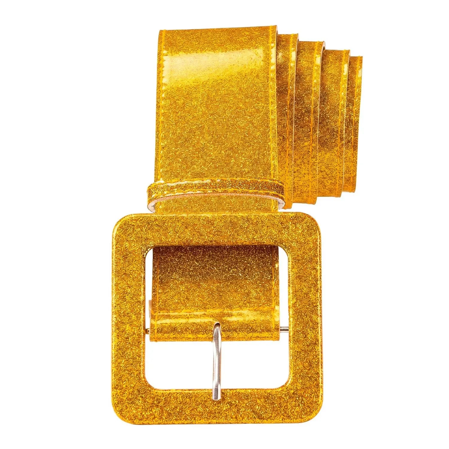 Cinturón glitter dorado con hebilla cuadrada brillante