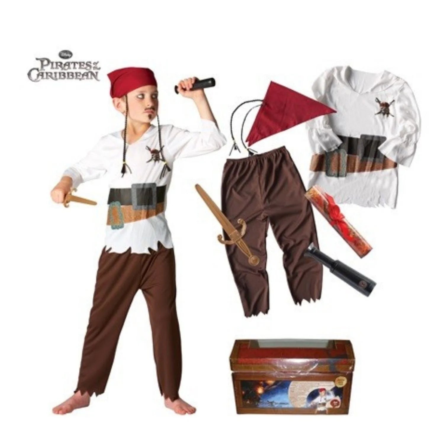 Cofre Piratas del Caribe 4 infantil con camisa pantalón y accesorios pirata
