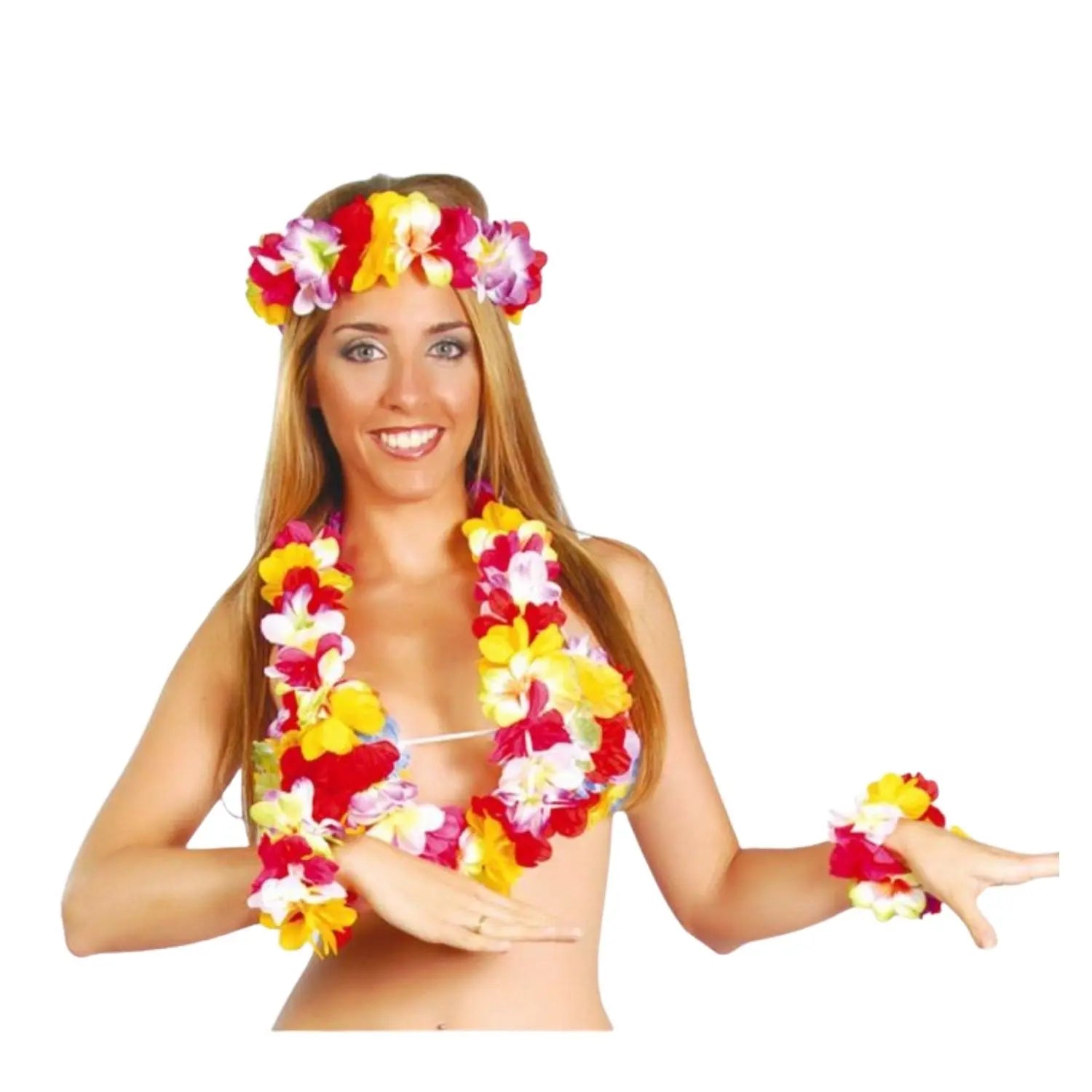 conjunto hawaiano de flores de colores con cinta collar y muñequeras para look tropical y fiestas de verano