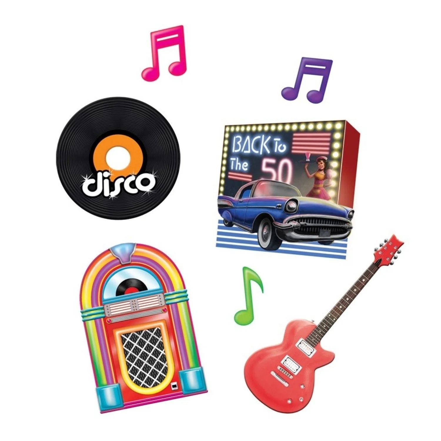 set de decoracion disco para pared con vinilo jukebox guitarra y elementos musicales retro