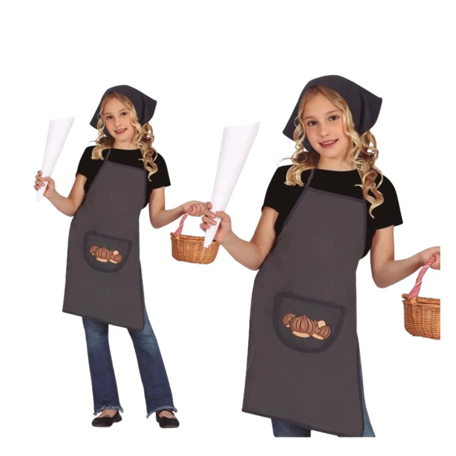 delantal gris con pañuelo infantil complemento para look de castañera en fiestas escolares o temáticas