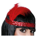 Diadema Charlestón roja con lentejuelas y pluma roja