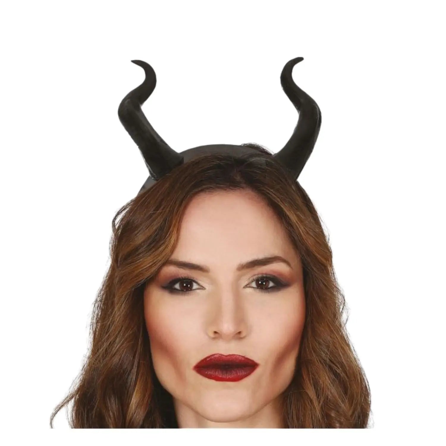 diadema con cuernos negros de demonio para look de villana o fantasía en Halloween y fiestas temáticas