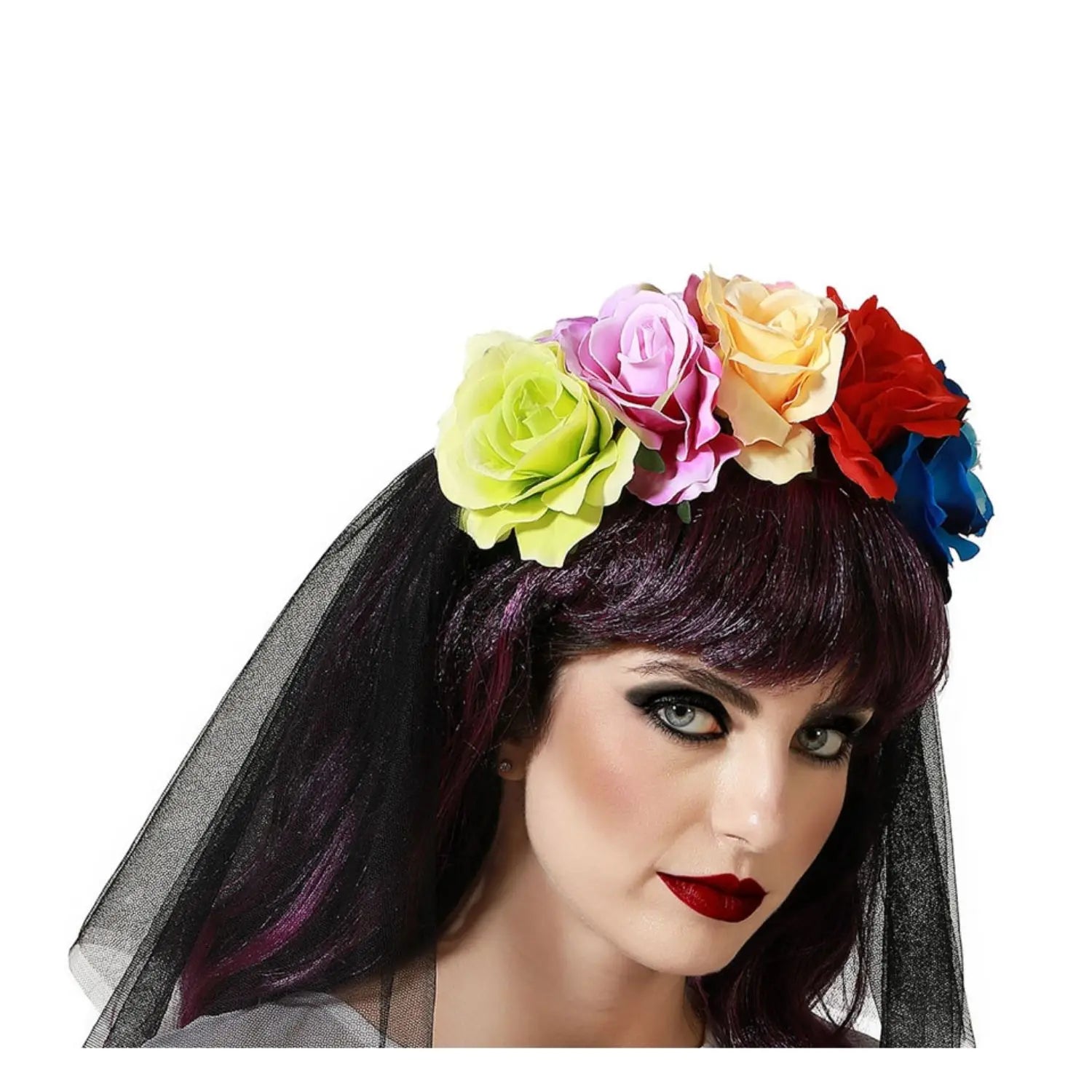diadema de flores multicolor con velo negro para look de catrina mexicana en fiestas tematicas halloween