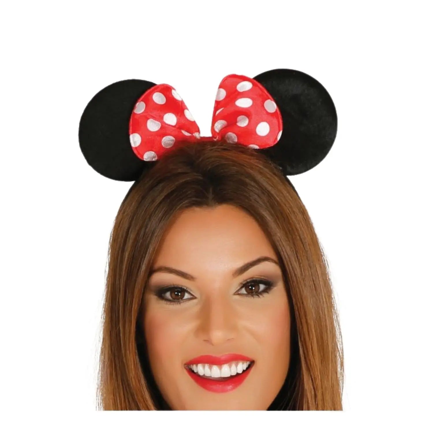 diadema de ratita con lazo rojo a topos blancos complemento para look de dibujos animados en Carnaval o fiestas temáticas
