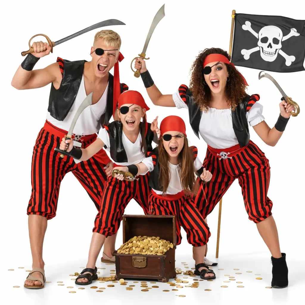 Grupo de amigos disfrazados de piratas bombacho divertidos en Carnaval