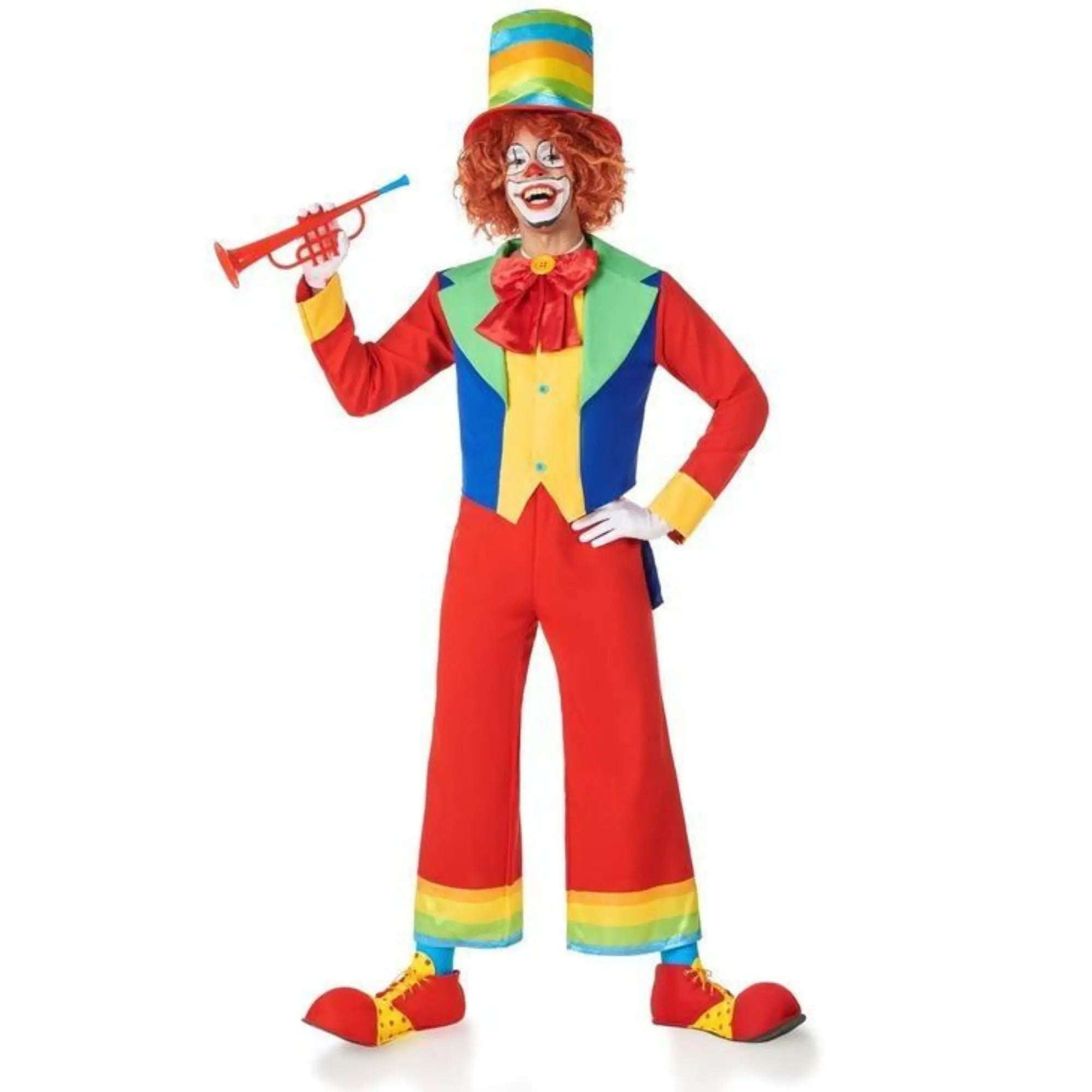 Disfraz de payaso multicolor para adulto con chaqueta, pantalón, sombrero y pajarita colorida ideal para Carnaval y fiestas temáticas
