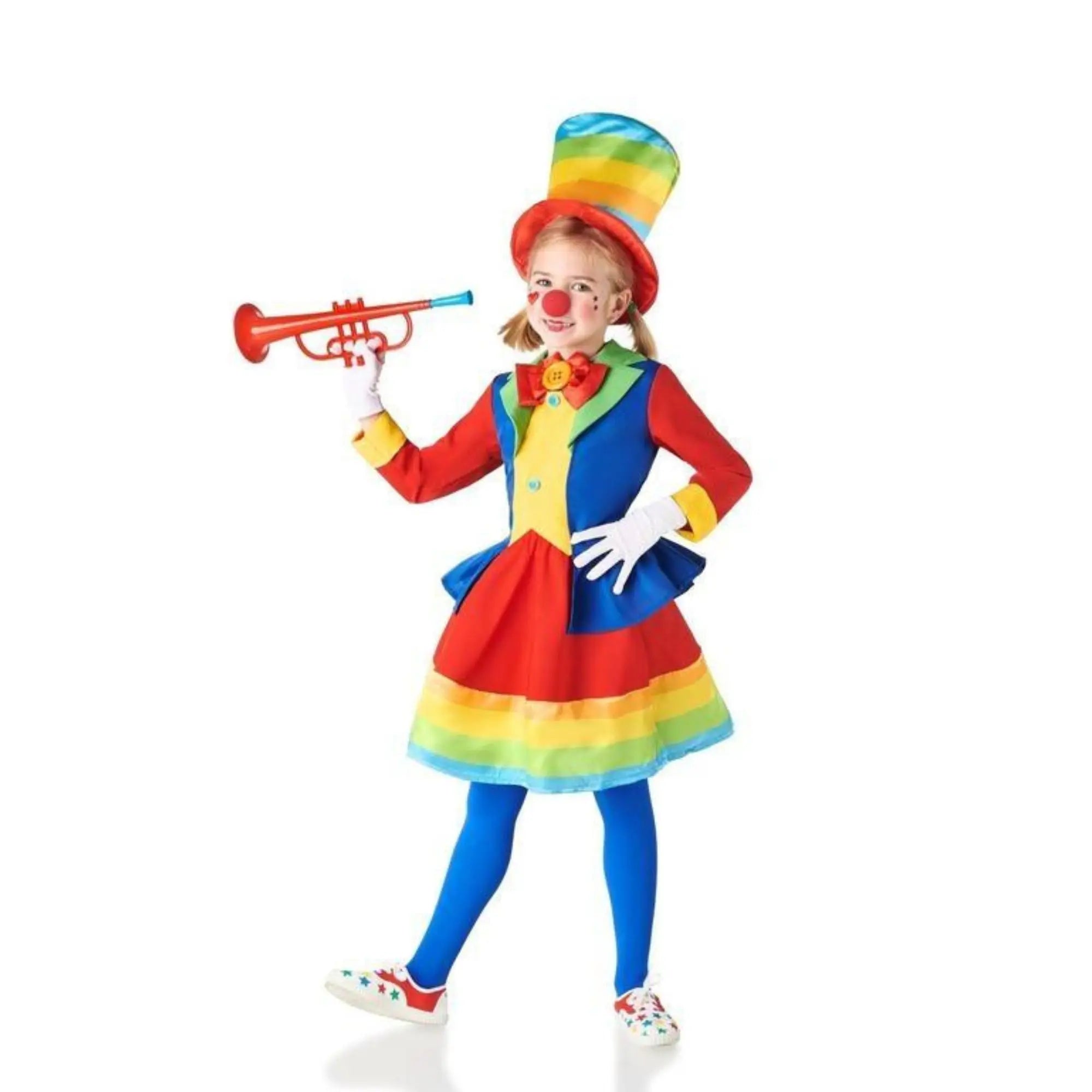 Disfraz de payasa multicolor infantil con chaqueta, falda, sombrero y pajarita para Carnaval