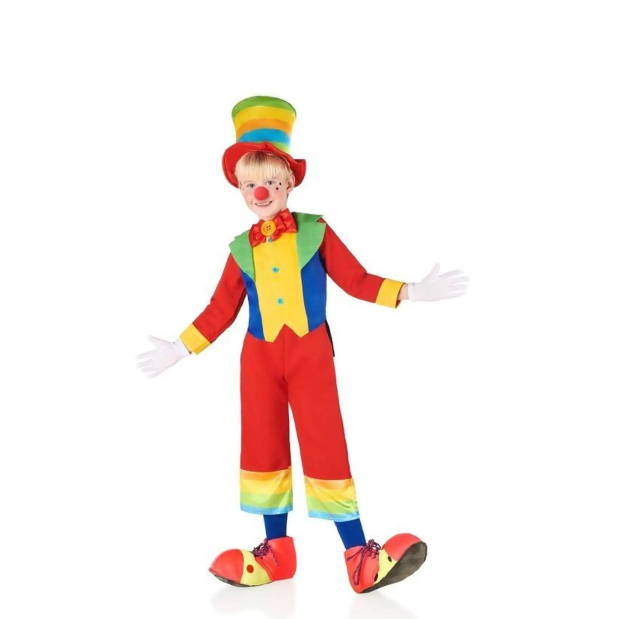 Disfraz de payaso multicolor infantil con chaqueta, pantalones, sombrero y pajarita para Carnaval