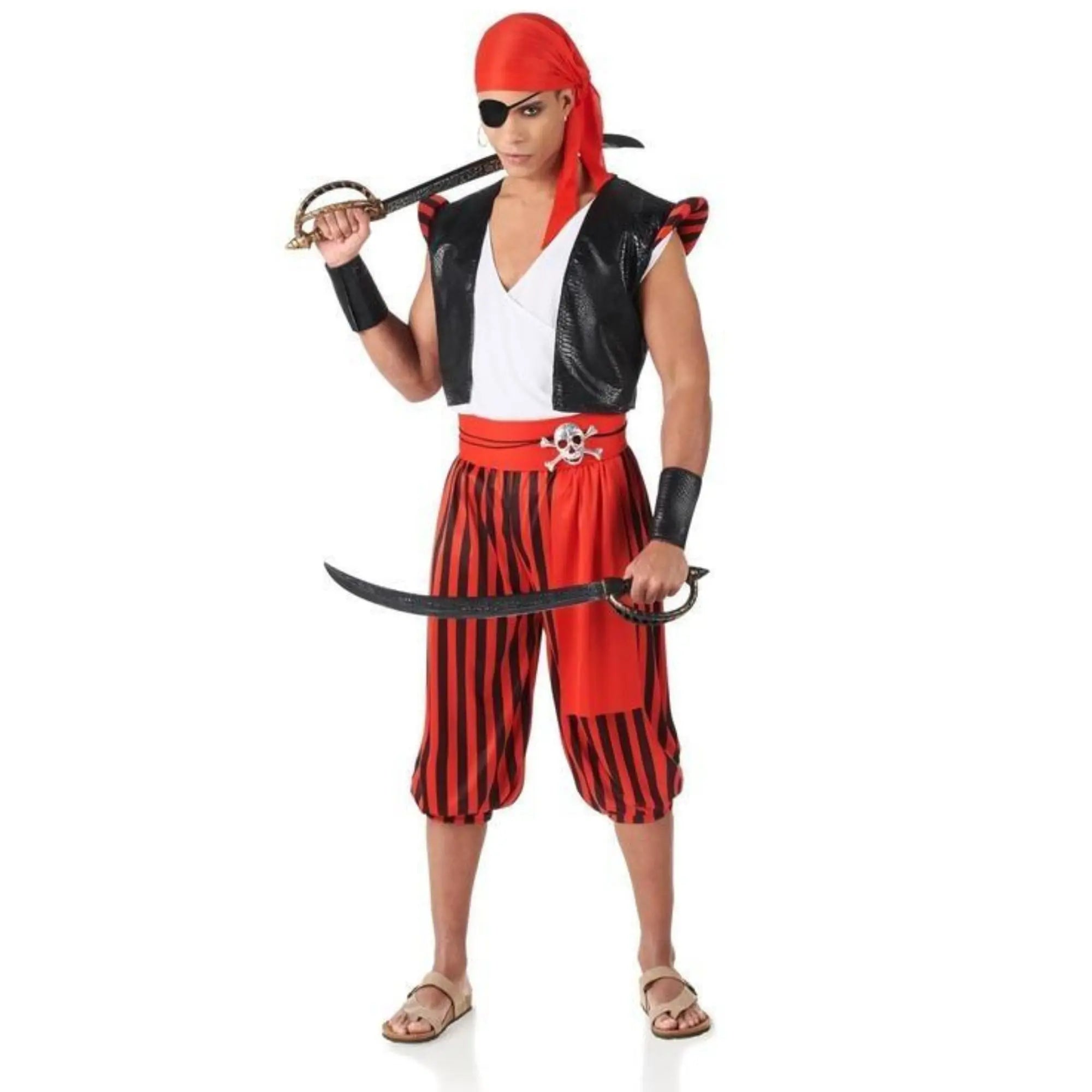 Disfraz de pirata para hombre con pantalón de rayas y accesorios completos para Carnaval