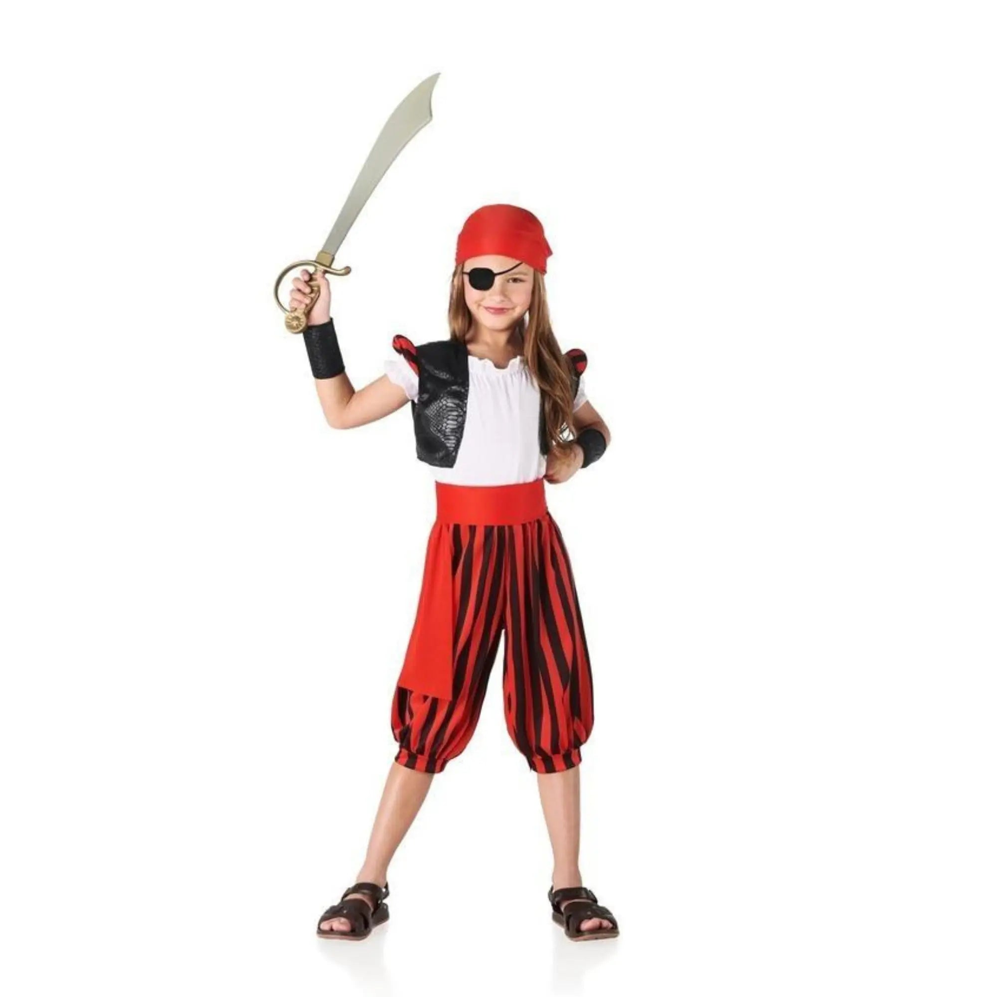 Disfraz de pirata para niña con pantalón de rayas, chaleco, blusa y accesorios completos para Carnaval