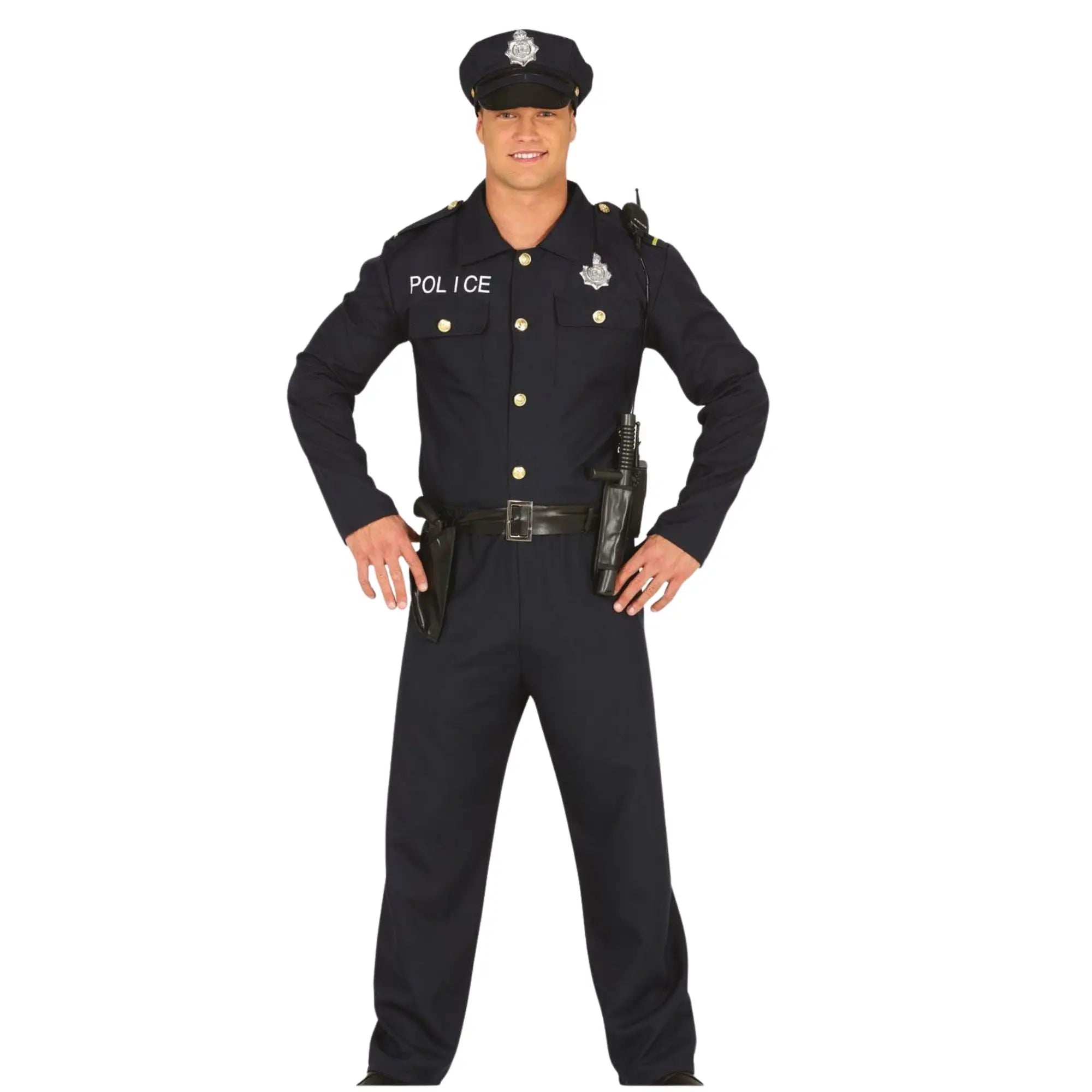 Disfraz de policía para adulto con chaqueta, cinturón, gorro y pantalón completo para Carnaval y fiestas temáticas