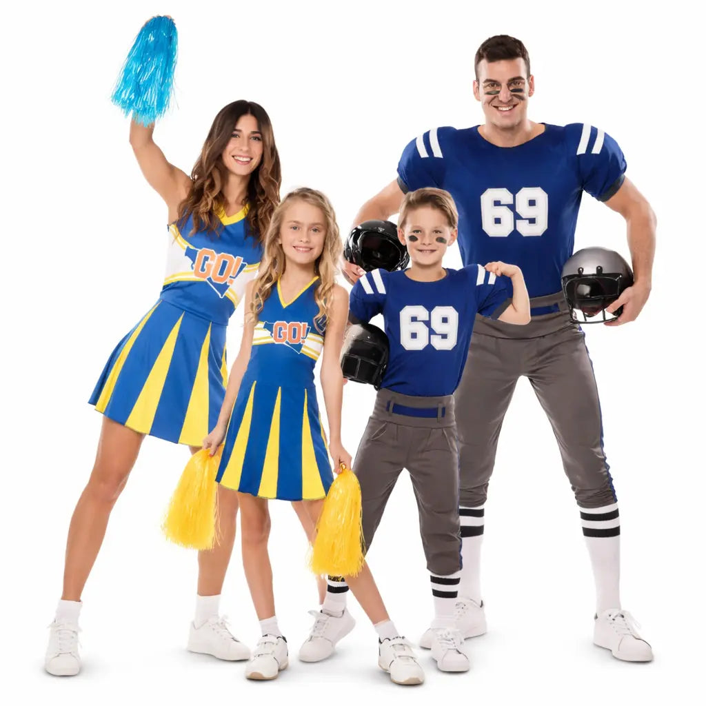 Grupo animadoras y jugadores fútbol americano azul amarillo para Carnaval