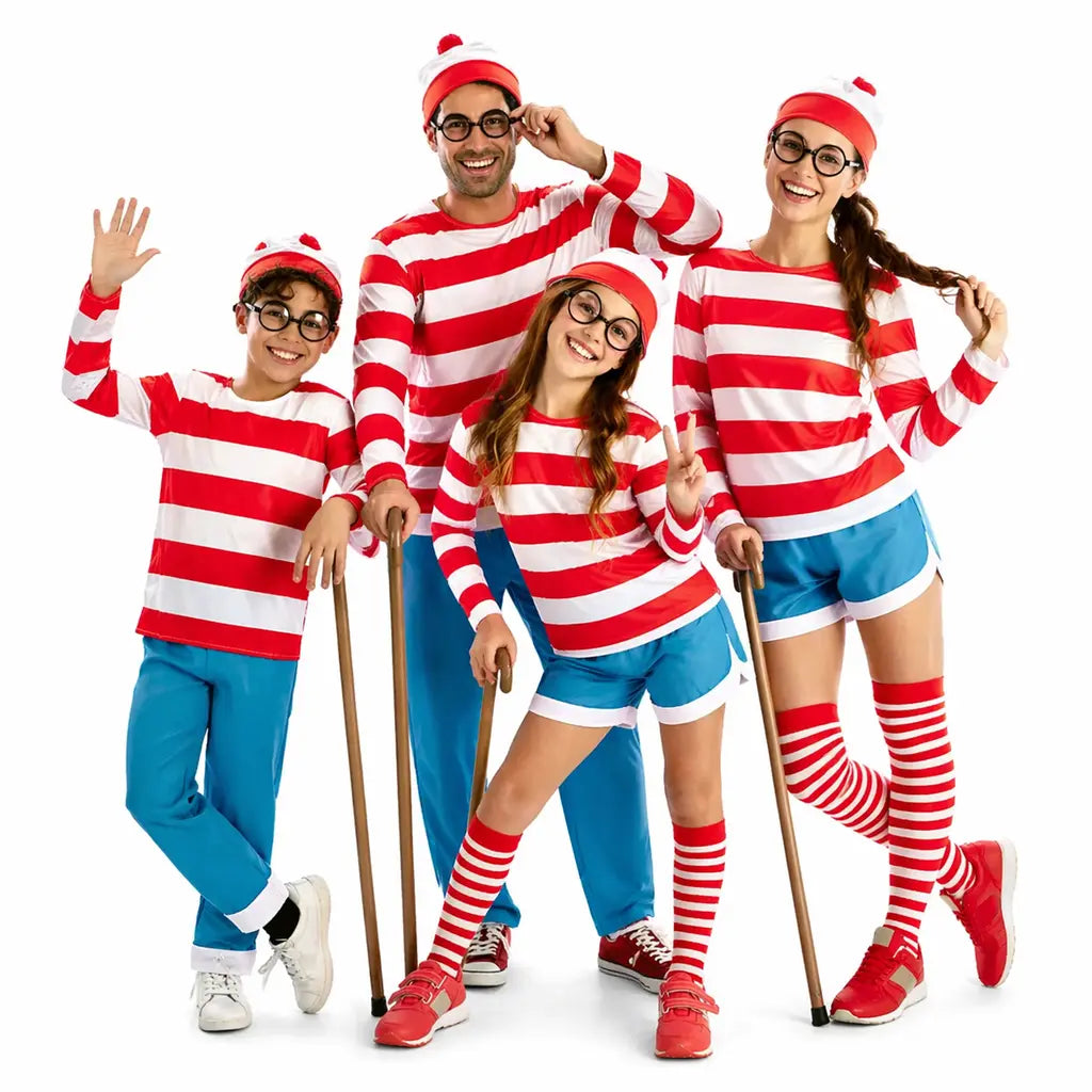 Grupo disfrazado de Wally con camisetas a rayas rojas y blancas y pantalones azules en Carnaval