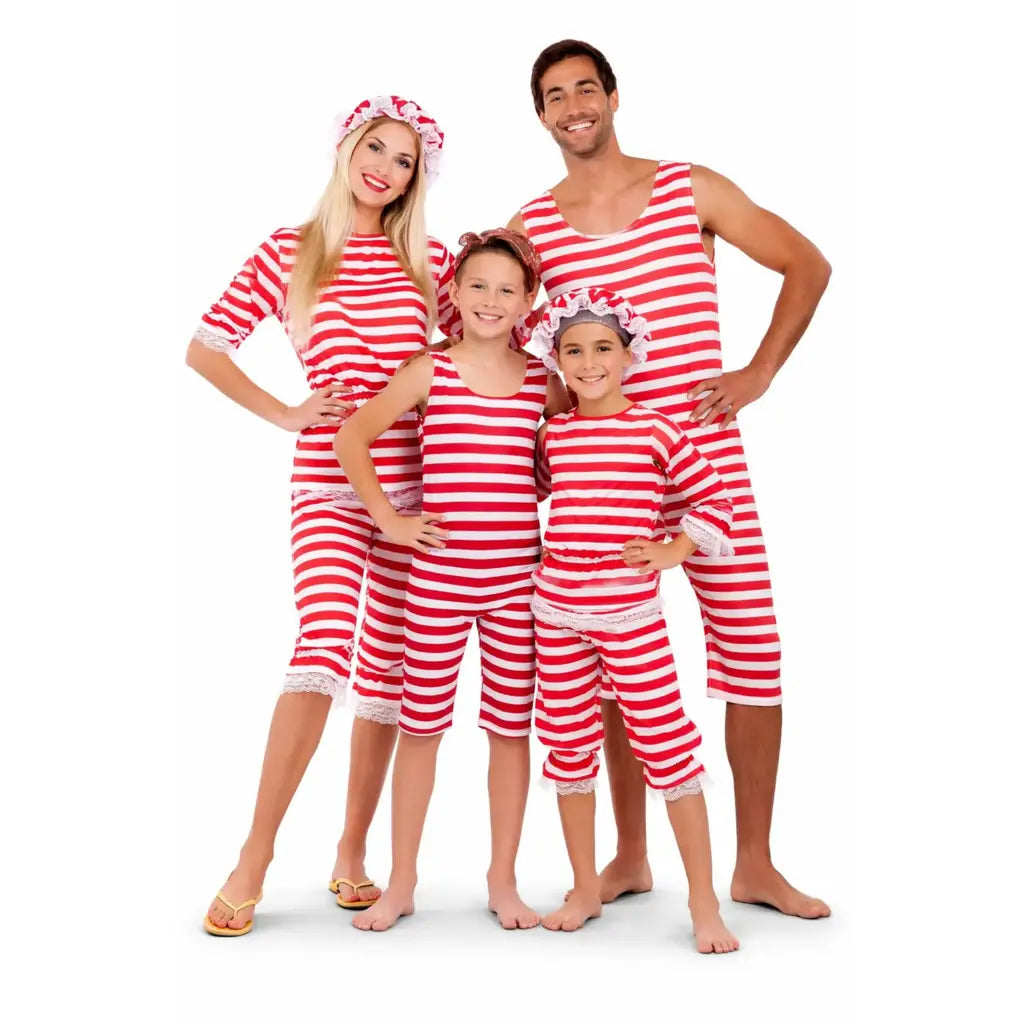 Familia disfrazada de bañistas con estilo vintage en grupo para Carnaval o fiesta temática