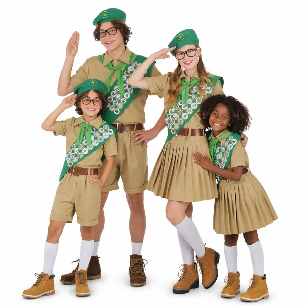 Disfraz de grupo Boy Scout con uniforme clásico y accesorios completos
