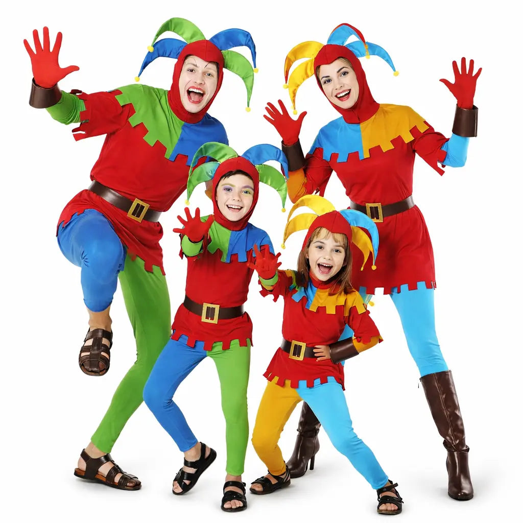 Grupo de amigos disfrazados de bufones coloridos y divertidos en Carnaval