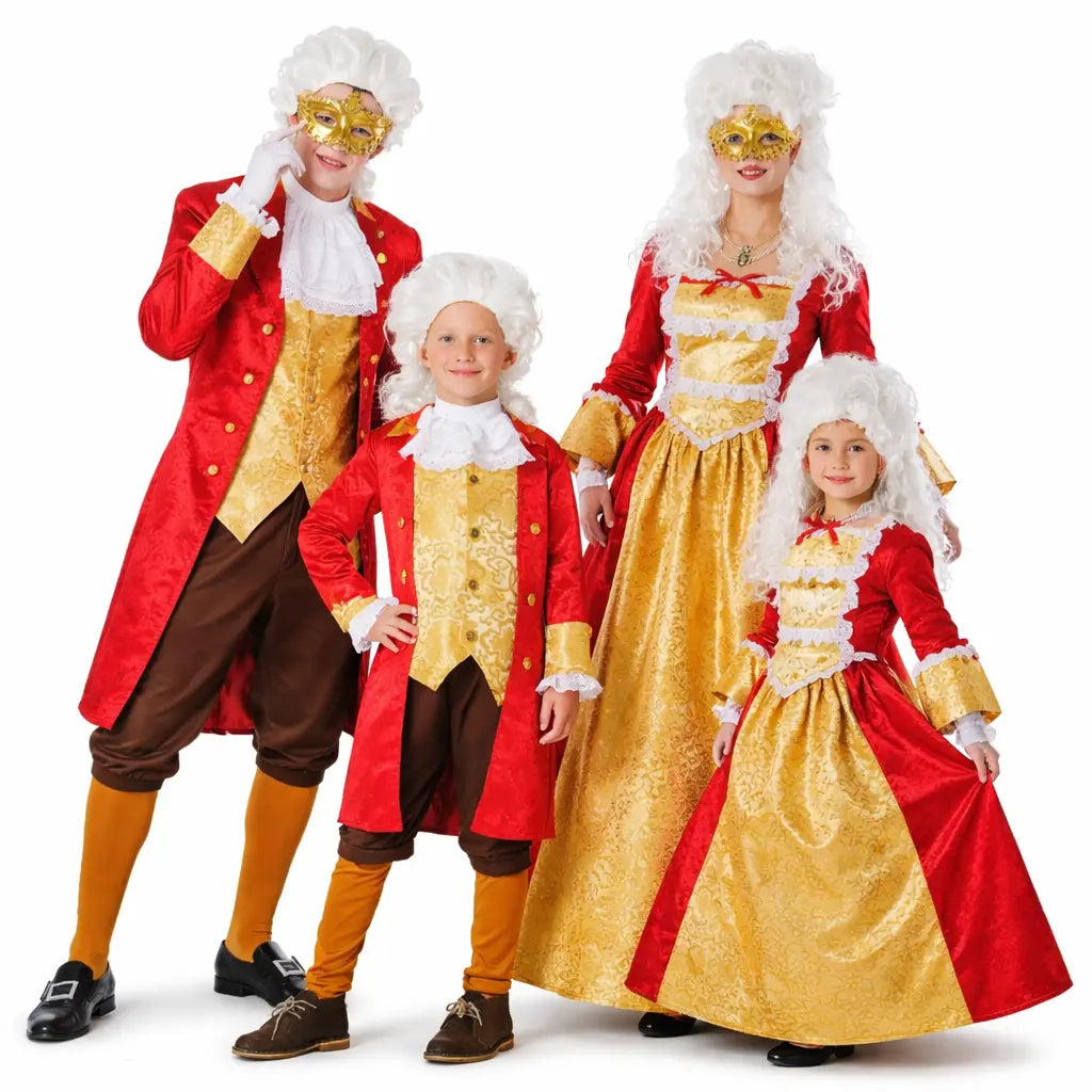 Grupo de amigos con disfraces de época rojos elegantes posando juntos en Carnaval