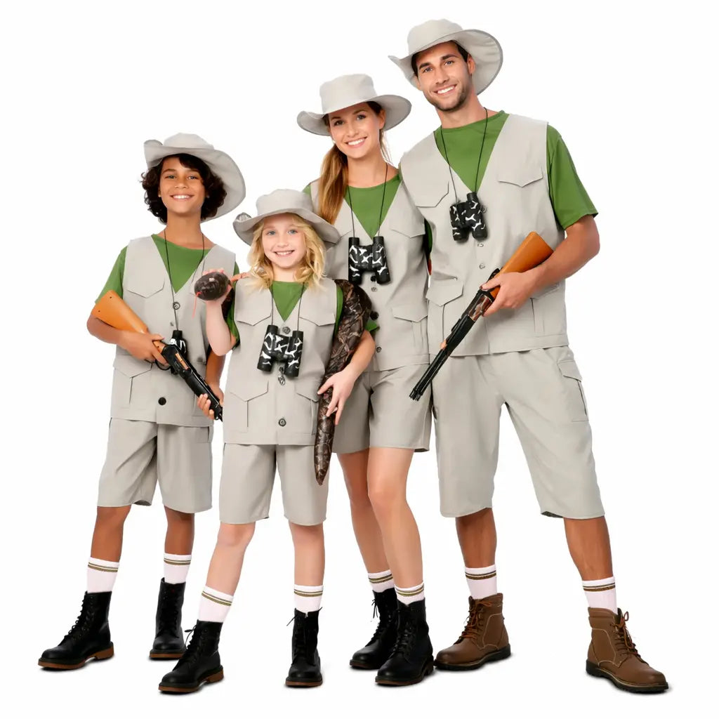 Grupo de exploradores con disfraces safari en color caqui y verde coordinados para familia y amigos en Carnaval