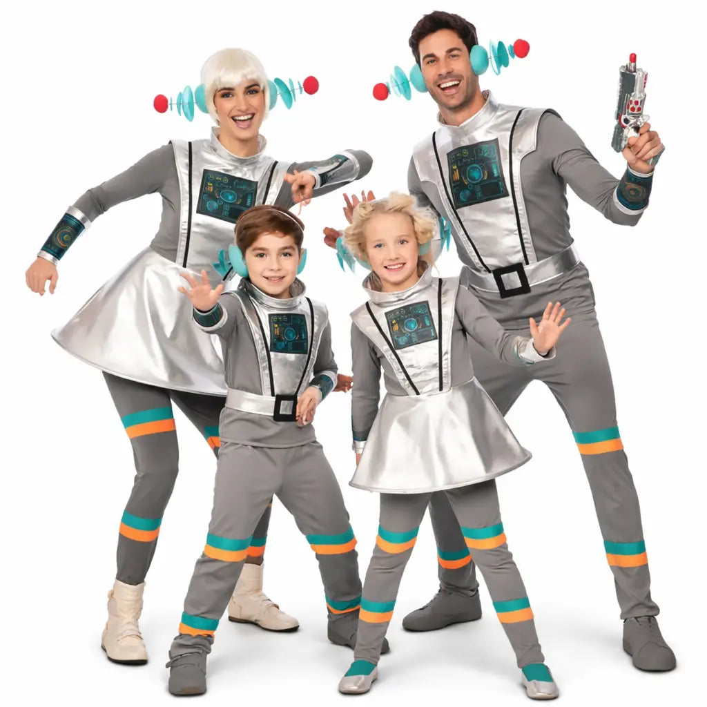 Familia disfrazada de extraterrestres futuristas en gris metalizado con conjunto coordinado de hombre mujer niño y niña