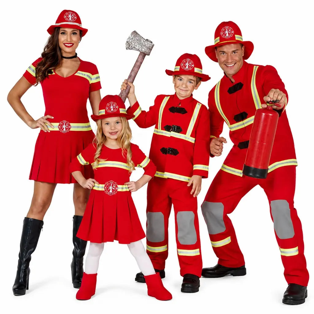 Grupo de amigos disfrazados de bomberos y bomberas para Carnaval y fiestas temáticas