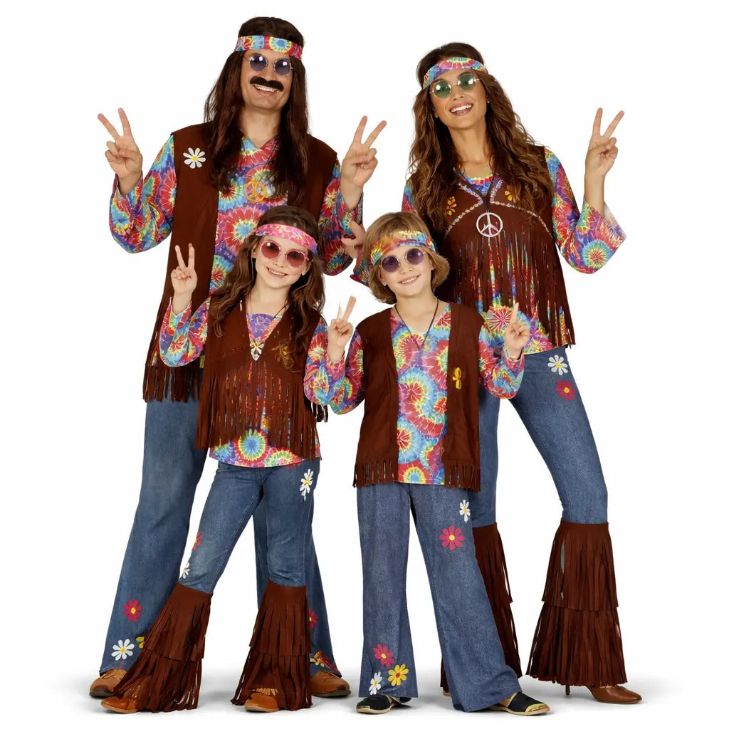 Grupo de amigos con disfraces hippies denim estilo flower power en Carnaval