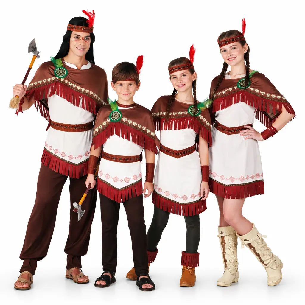 Grupo de amigos disfrazados de indios nube blanca con estilo tribal coordinado