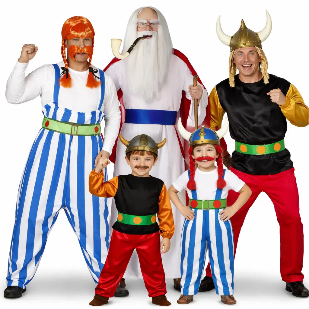 Grupo de amigos disfrazados de Astérix y Obélix con temática de dibujos animados en Carnaval