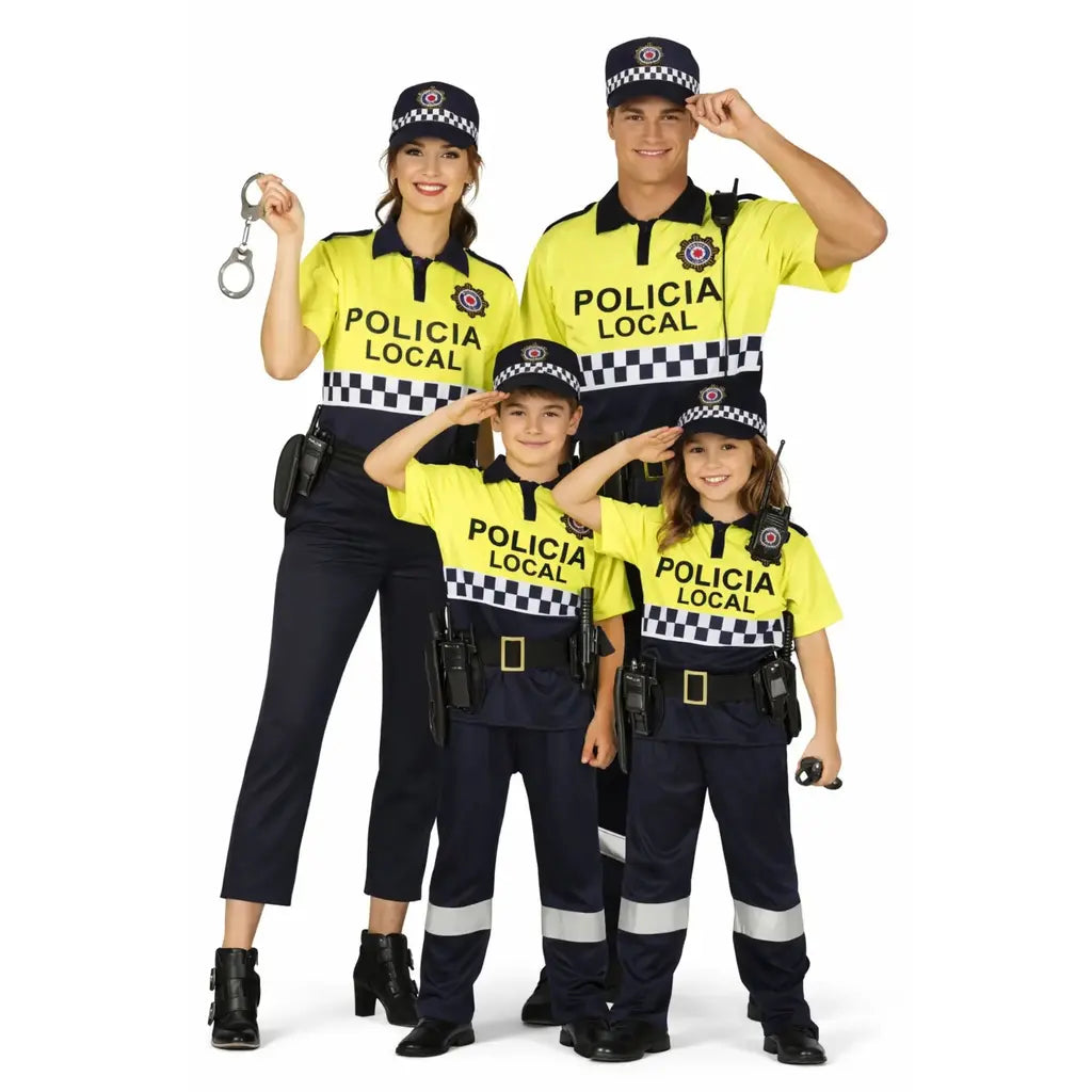 Grupo de amigos disfrazados de Policía Municipal en Carnaval posando juntos coordinados