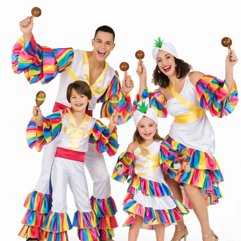 Grupo de personas con disfraces rumberos coloridos con volantes para Carnaval